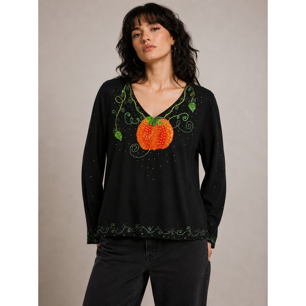 Jack B Quick Pumpkin Sweater Large 90s Whimsigoth Halloween Beaded Top